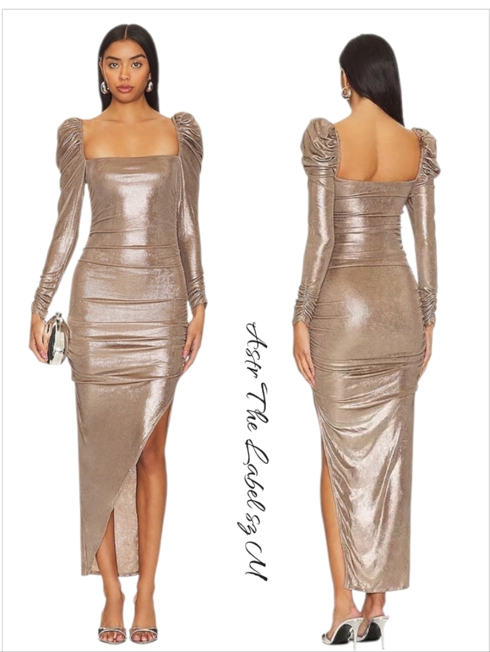 NWT ASTR the Label Vanozza Gold Metallic Ruched Midi Dress Size M